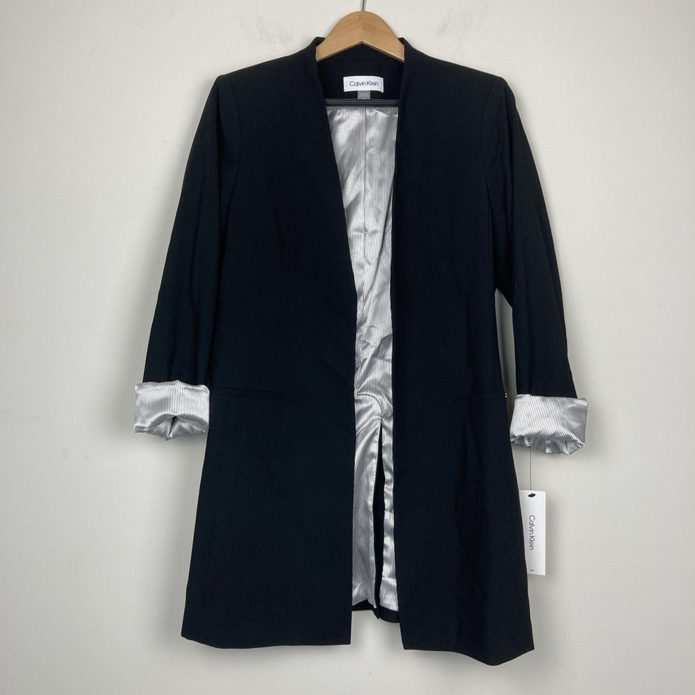 Calvin Klein Women's Blazer Open Front Roll Sleeve Collarless Size 12 Black - Picture 8 of 11